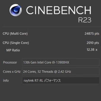 Core i9-13900HX, CINEBENCH R23, raytrek R7-RL, パフォーマンスモード